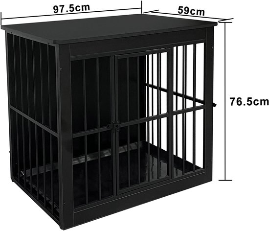 Afmetingen van de zwarte hondenbench: 97.5cm lang, 59cm breed, 76.5cm hoog.