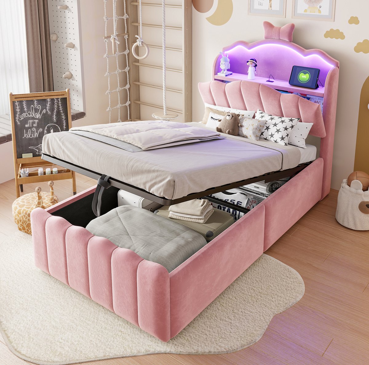 OKWISH Kinderbed 90 x 200 cm - Met LED-Hoofdbord, USB en USB-C - Hydraulische Opbergruimte - Zonder Matras - Fluweel - Roze
