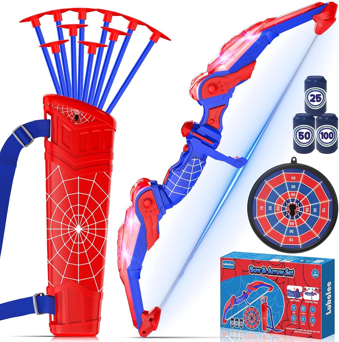 SnelShoppen - Bow and Arrow Kids Set met LED Lichten, Buiten Speelgoed voor Jongens 3-12 Jaar, Boog en Pijlen Set met Quiver, 10 Pijlen, Hangend Doel