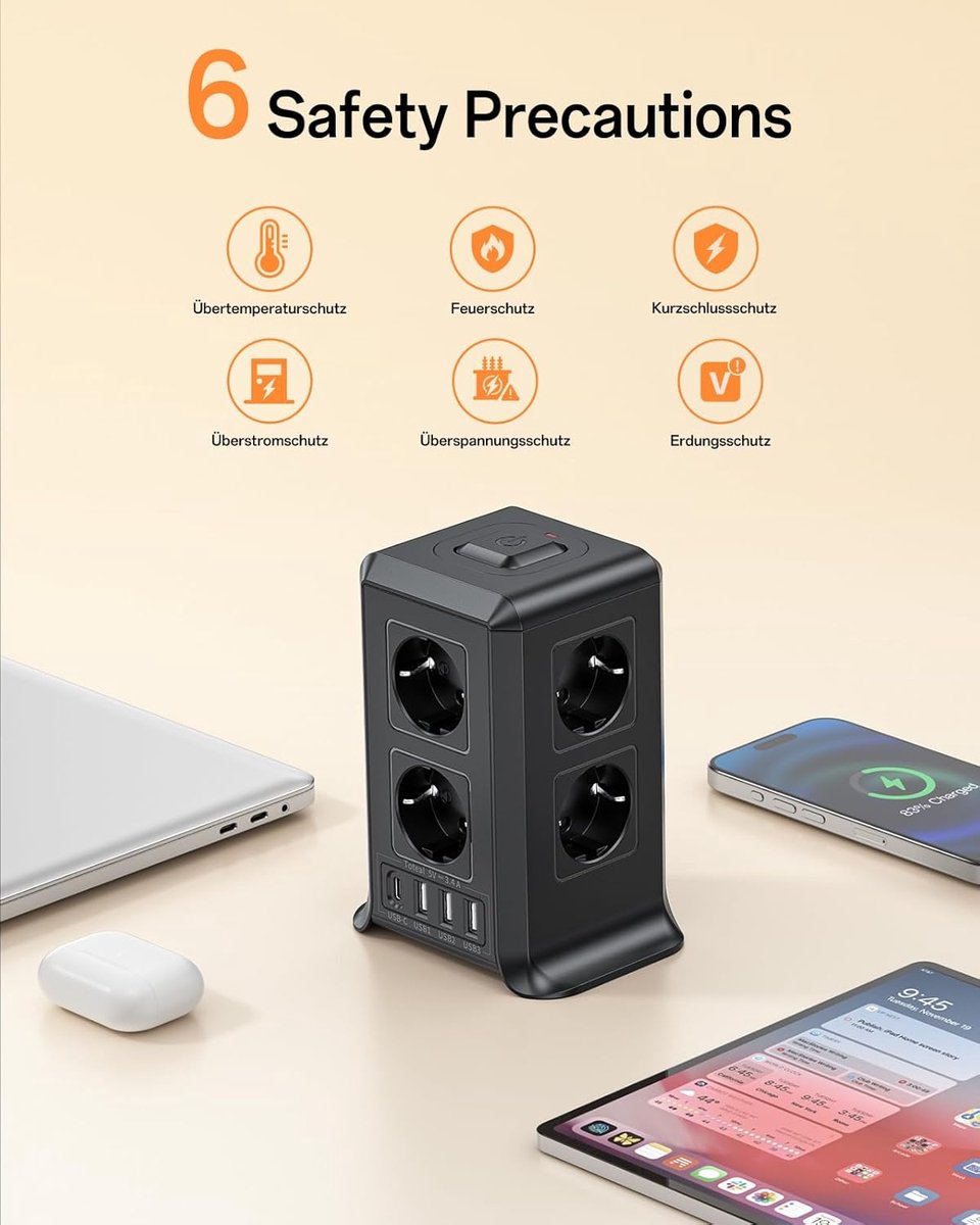 SnelShoppen - 8-Way Power Strip met Schakelaar, 3 m Verlengsnoer, 12-in-1 Stekkerdoos met USB-C, Overload en Surge Bescherming, Ruimtebesparend voor T