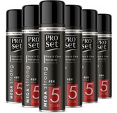 Zes zwarte spuitbussen Pro Set Mega Strong haarlak, 48H hold, niveau 5.