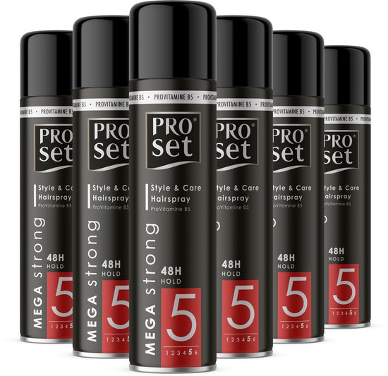 Zes zwarte spuitbussen Pro Set Mega Strong haarlak, 48H hold, niveau 5.