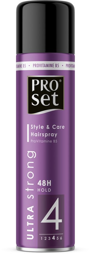 Paarse Pro Set haarlak met zilveren en witte tekst. "ULTRA STRONG 48H HOLD 4"