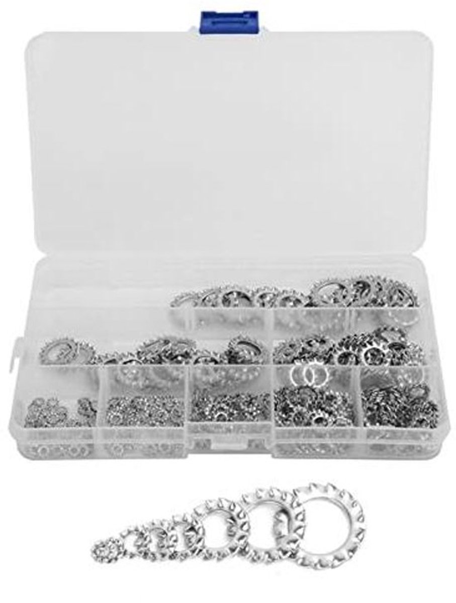 Assortiment kit getande borgringen - Roestvrijstalen draadeind - 300 stuks - Externe vertanding - Anti-losse afdichting - Geschikt voor diverse modellen - 304 roestvrijstaal - M2.5 M3 M4 M5 M6 M8 M10 M12.