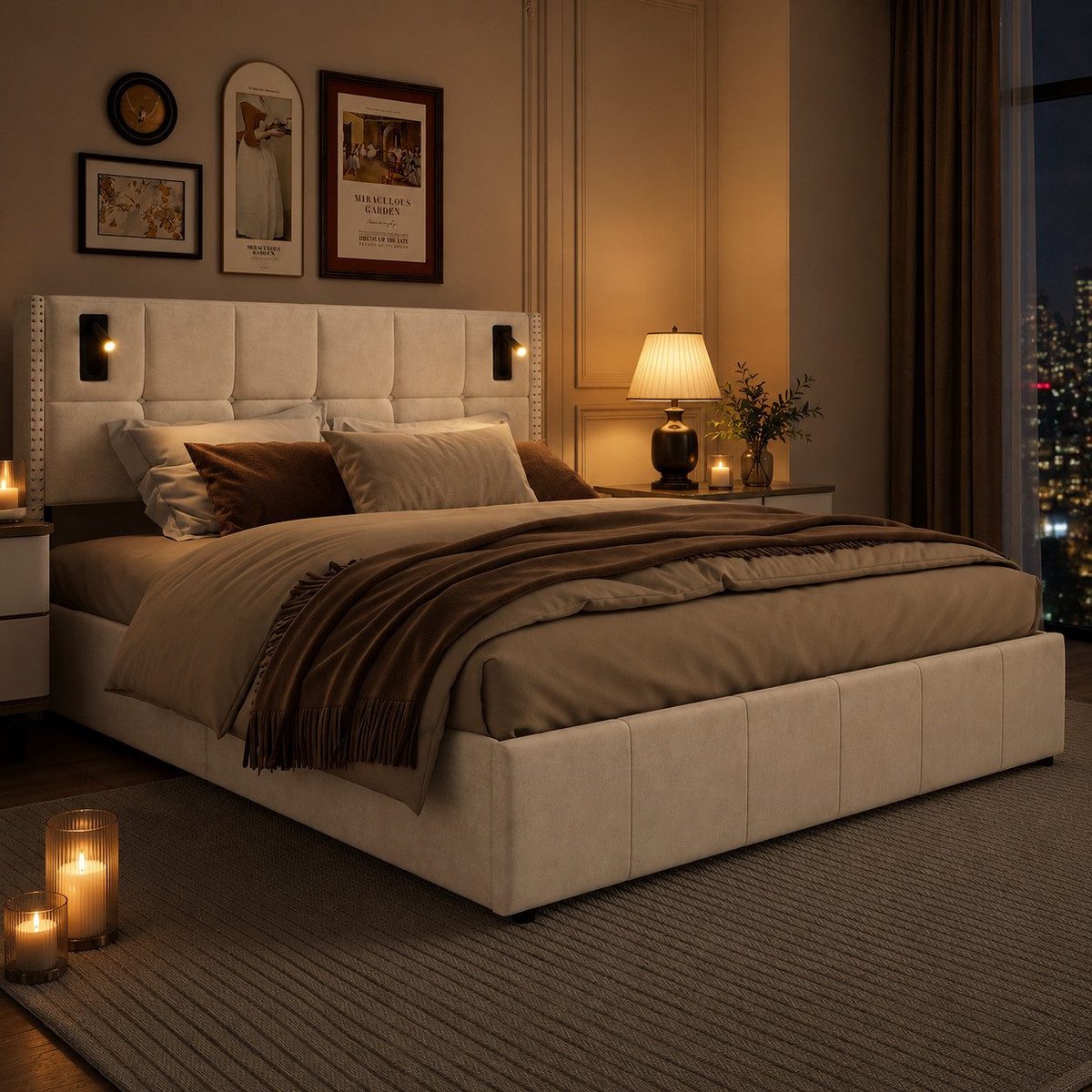 Opbergbed 160x200 cm beige fluweel met hoofdbord, 2 LED-leeslampjes en hydraulische opberg