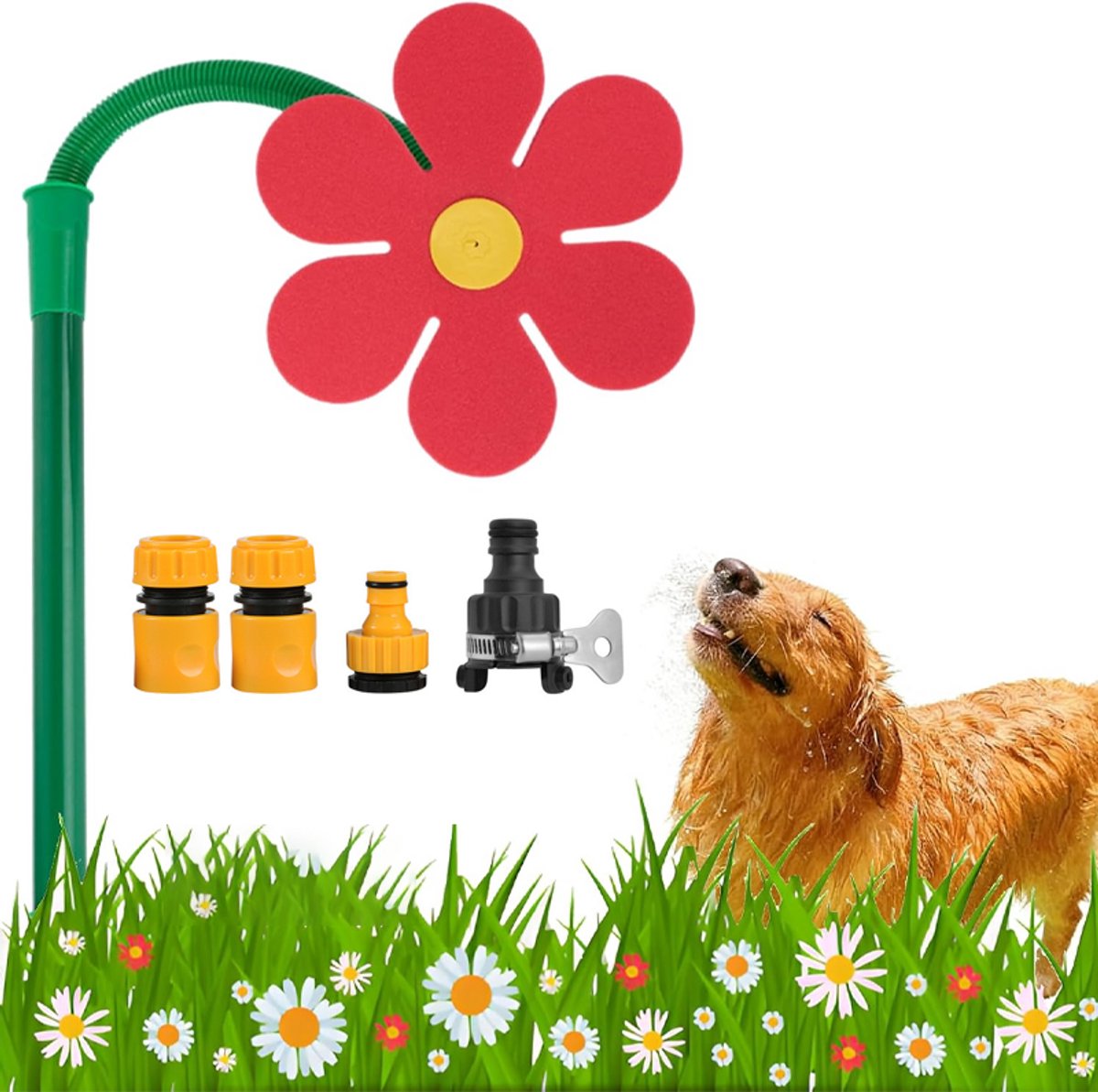 Set van 1 stuk - Sproeier - Besproeier - Tuinirrigatie - Tuinfontein - Zonnebloemsproeier - 360° draaibaar - Met 4 aansluitingen - Irrigatie, koeling en speelplezier - Geschikt voor gazon-, tuin- en terrasirrigatie - 68*33 cm - Rood