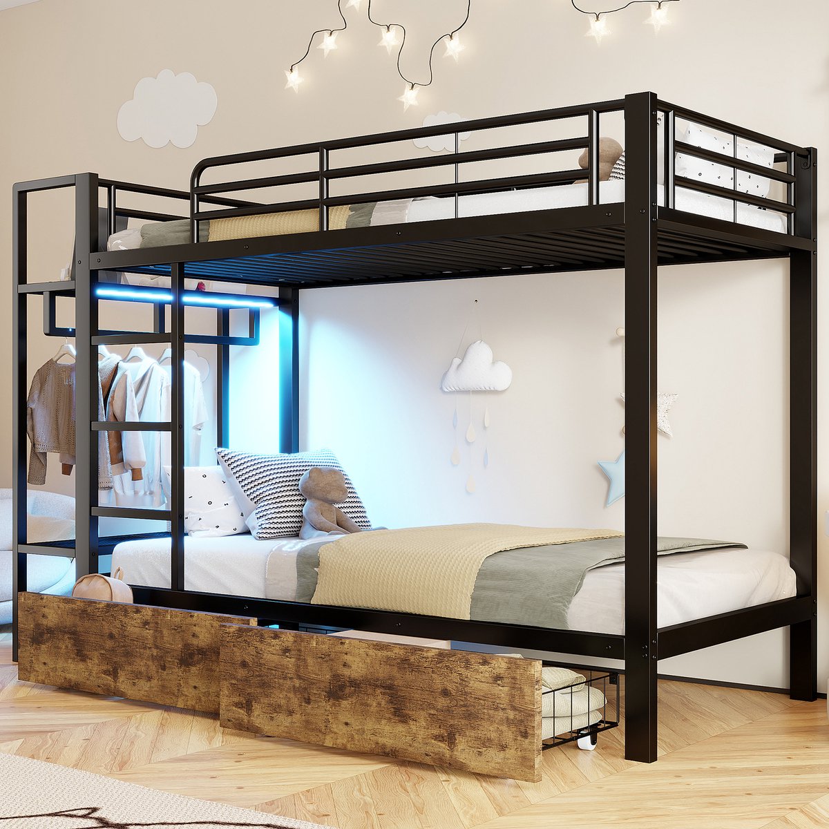 KOMHTOM - Stapelbed - 90 x 200 cm - IJzeren frame met 2 lades en meerdere opbergruimtes - LED-lichtstrip en kledingstang - Zwart