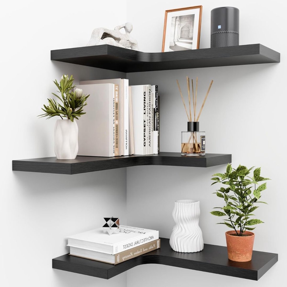 Wandplank - Houten Plank Wandmontage - Hoekrek Display Decor - Hoekplank - Zwart