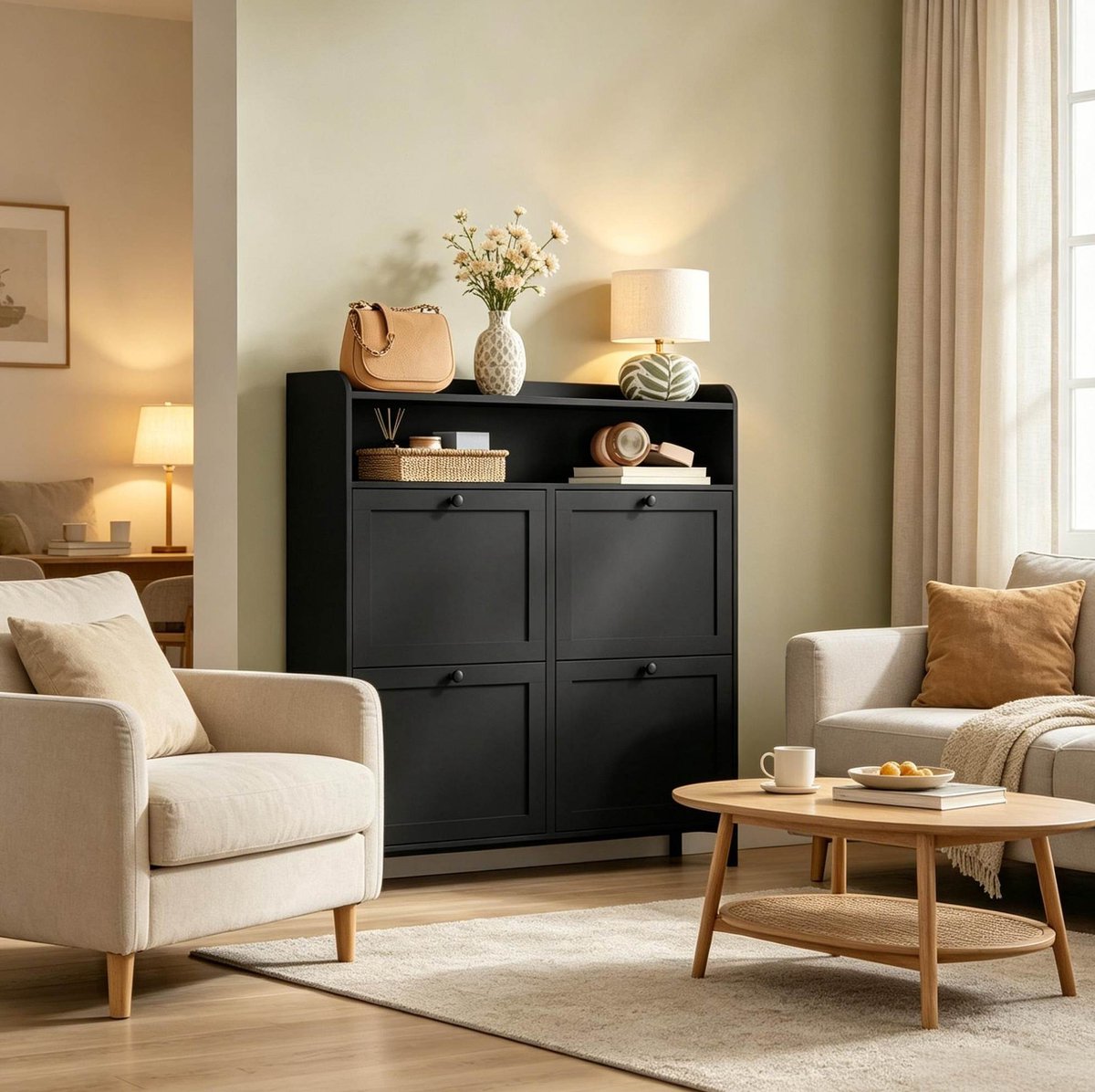 OKWISH Schoenenkast - Smal Met 4 Kleppen - Ruimte Voor 8-12 Paar Schoenen - Modern Voor Hal Of Entree - Spaanplaat Zwart - 100x19,5x107 Cm