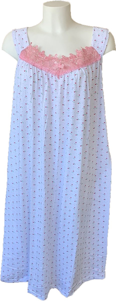 Dames Nachtjapon Gebloemd met kant en brede band - Nachthemd zonder mouwen - 100% katoen - kleur Roze - maat 2XL
