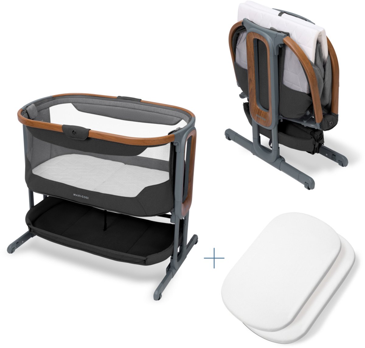 Maxi-Cosi Iora Pro Co-sleeper - Elegance Graphite - Snel inklapbaar - 100% gerecyclede stoffen - Schommelfunctie - Rollende wielen
