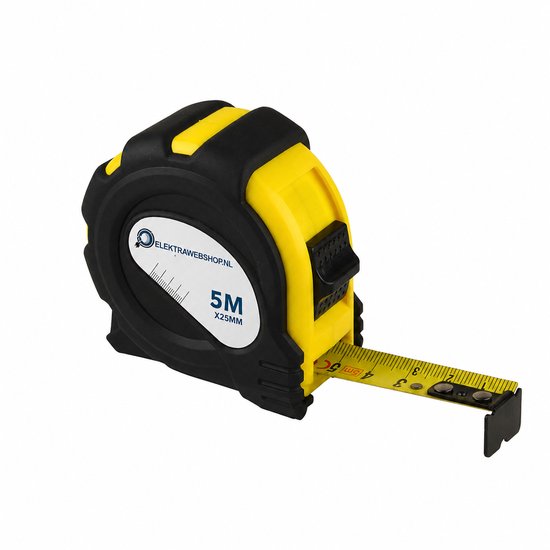Gele en zwarte rolmaat van 5 meter met een breedte van 25mm, merk Elektrawebshop.nl.