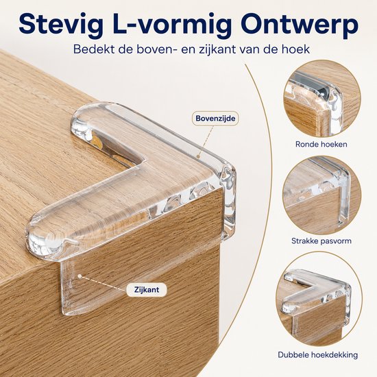 Detail van transparante L-vormige hoekbescherming op een houten tafel, met close-ups van de ronde hoeken en pasvorm.