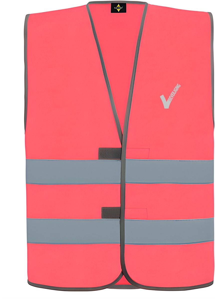 Neon Roze veiligheidshesje met reflecterende strepen EN met Beveiliging / Security met als borstlogo het bekende V-tje en als ruglogo SECURITY - voor PROFESSIONALS, merk ROLY Maat XL / 2XL