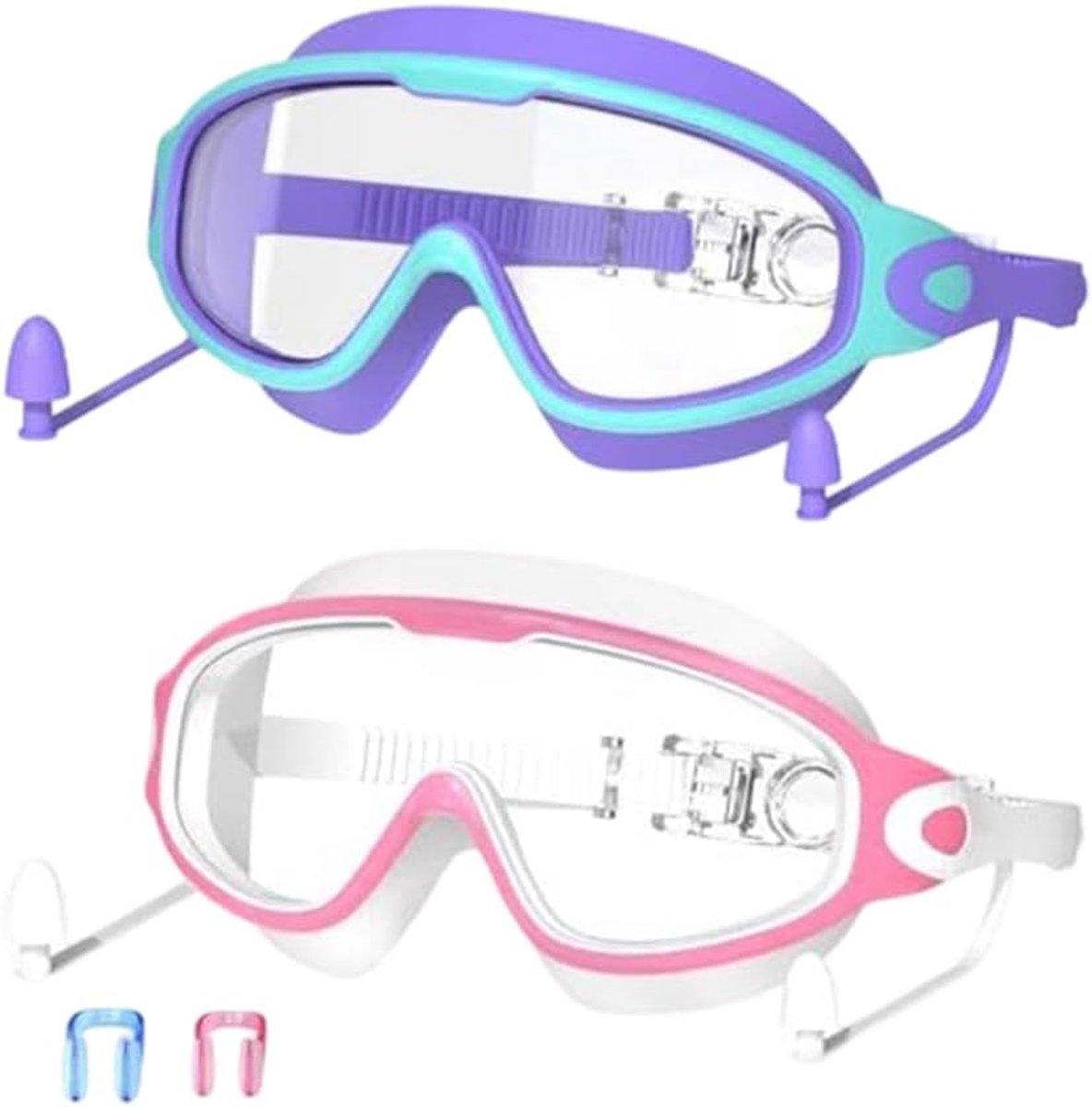 Swim Goggles - Kids Goggles with Earplugs -Nose Clip Wide View Anti-Fog - UV Swimming Goggles for Age 3-15 Boys Girls- 2 stuks