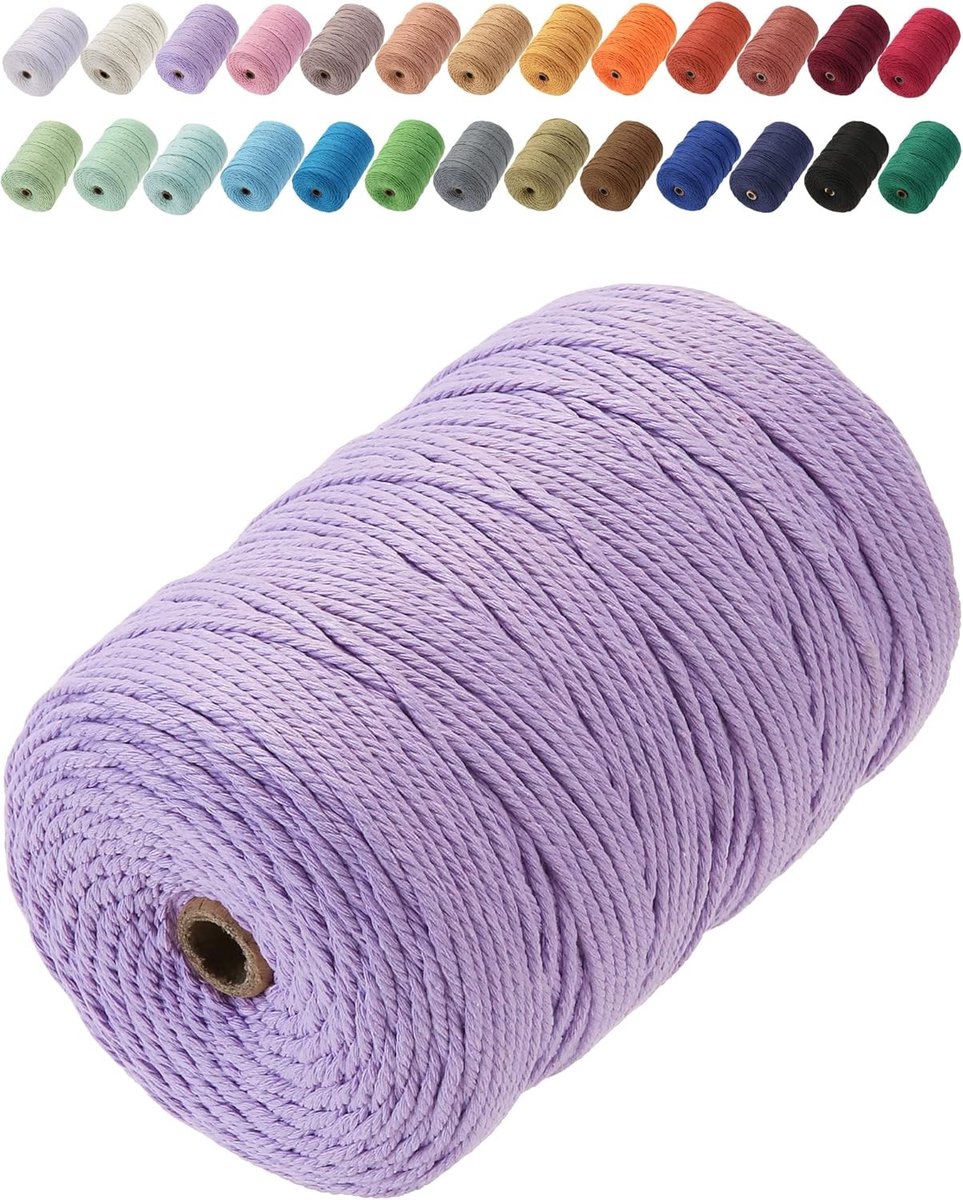 Premium Katoenen Macramé Touw 3mm x 200m - Zacht en Chemisch Vrij, Perfect voor Macramé Projecten en Creatieve Ambachten (Lichtpaars)