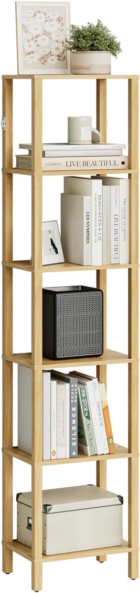 Boekenkast, smalle plank met 6 niveaus, keukenrek met open planken, 38 cm x 27 cm x 167 cm, staand rek voor woonkamer, kantoor, werkkamer, eiken