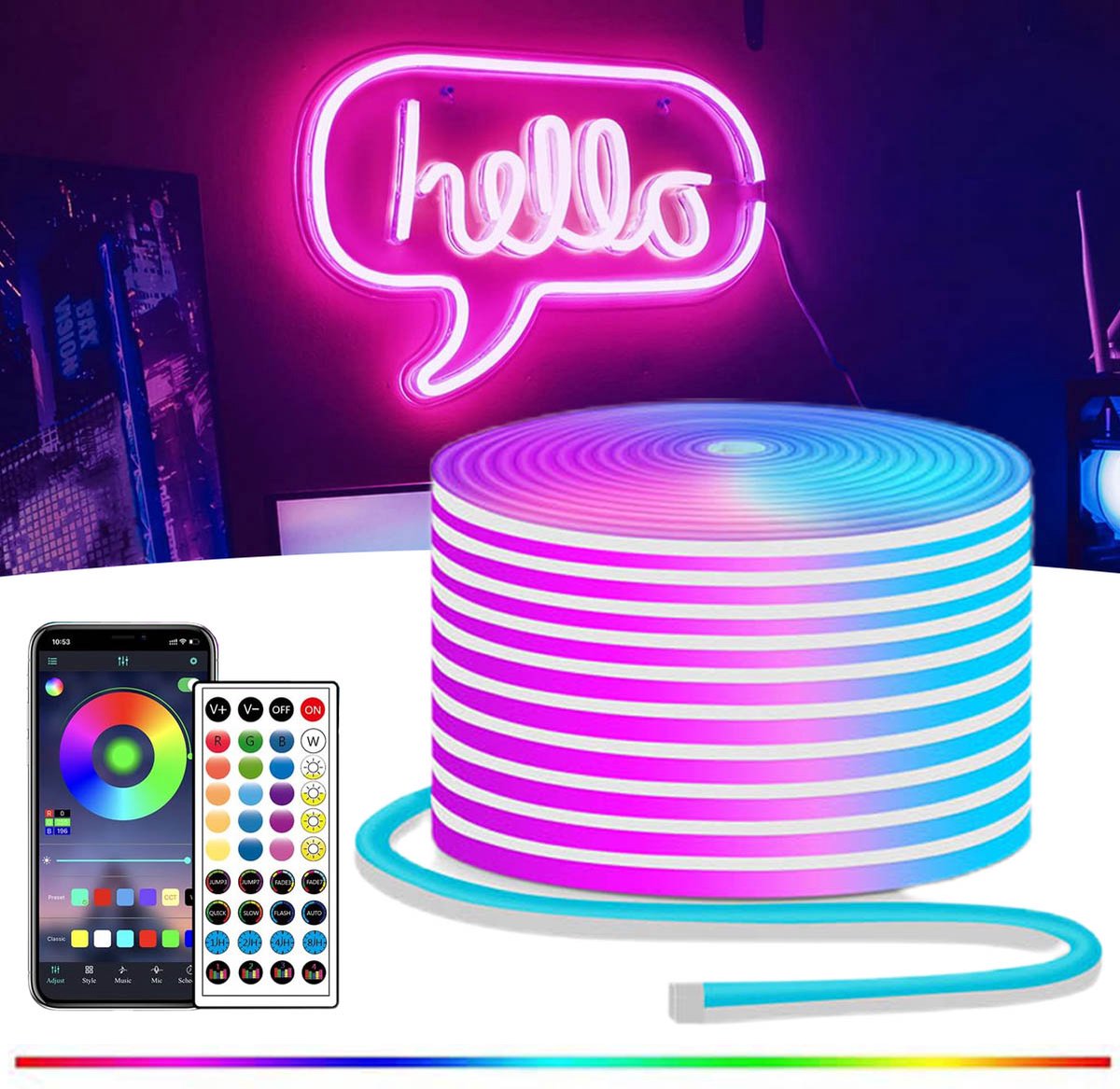 20M RGB LED neon touwverlichting LED neon stripverlichting met afstandsbediening/app-bediening IP65 24V waterdichte flexibele neon LED stripverlichting, led-verlichting voor slaapkamer en buitendecoratie.