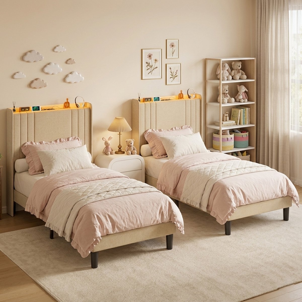 Bealife BF28 Bed - 90 x 200 cm - LED-verlichting - Opbergbaar hoofdeinde en lattenbodem - Beige