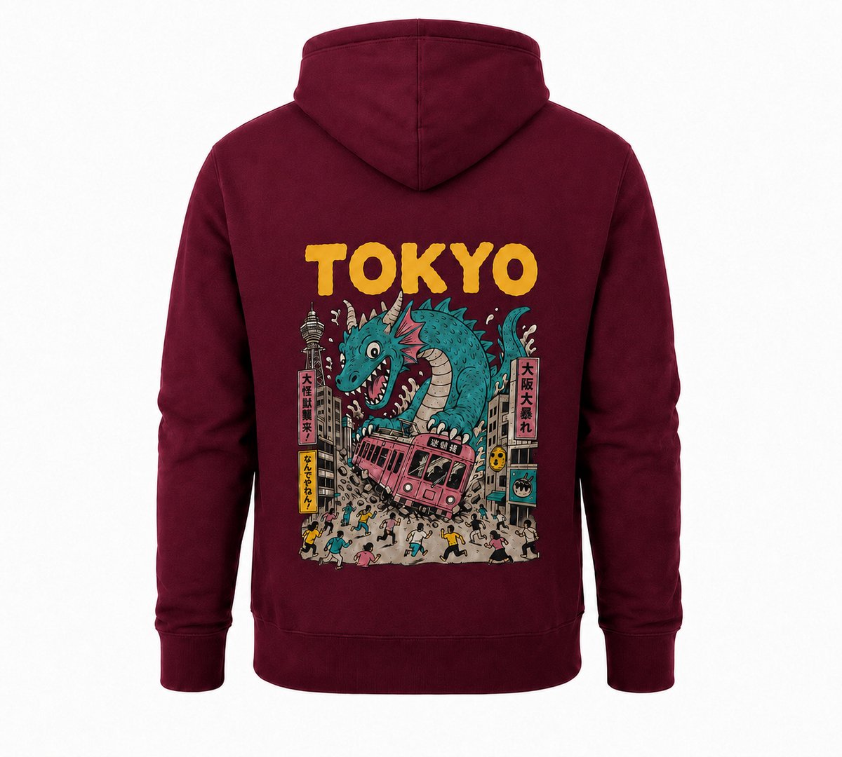 Hoodie Heren met capuchon – Hoodie met Tokyo Dragon Print – Streetwear – Bordeauxrood - M