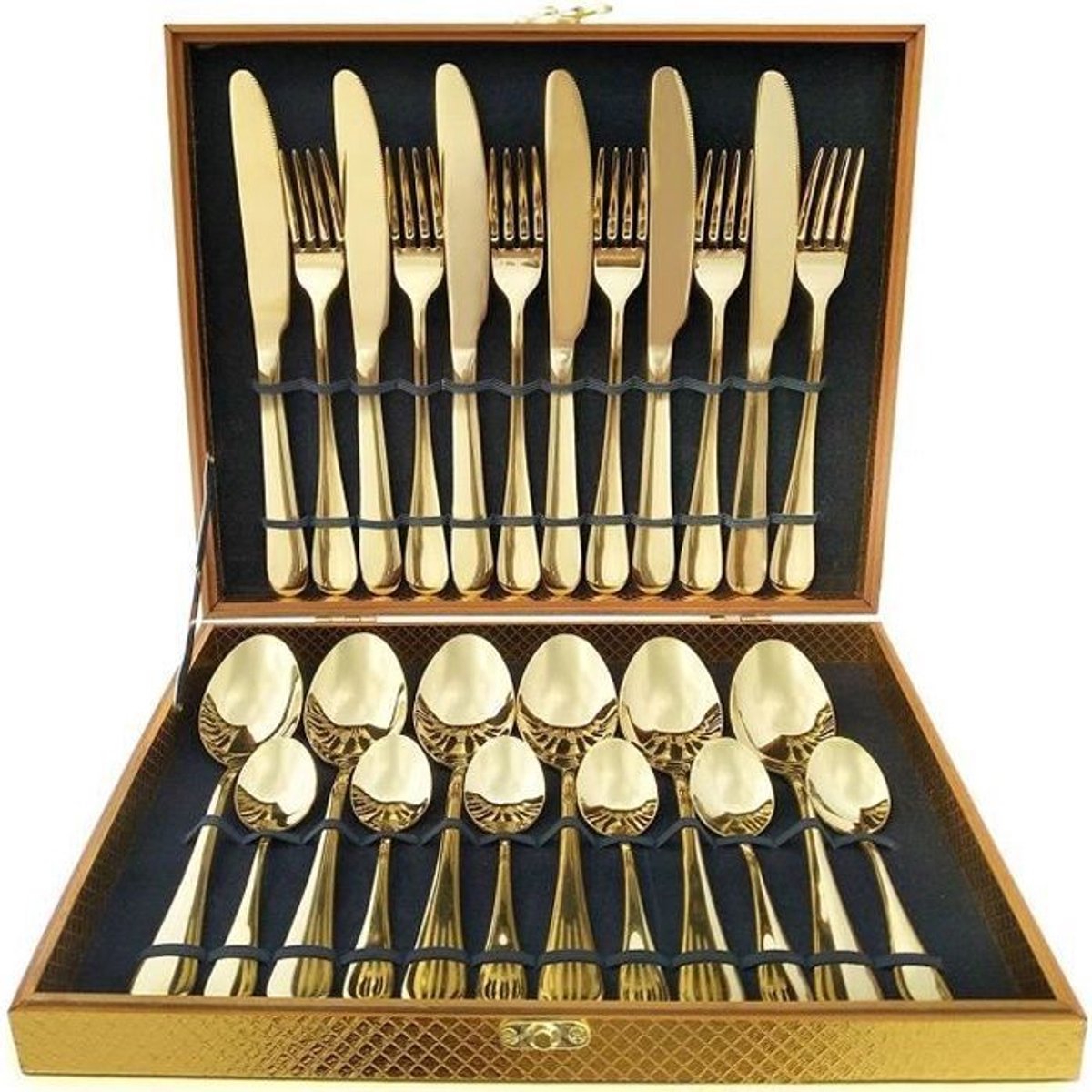 Deze 24-delige, goudkleurige, moderne roestvrijstalen bestekset is perfect Geschikt voor 6 personen en ideaal Geschikt voor bruiloften of andere gelegenheden.