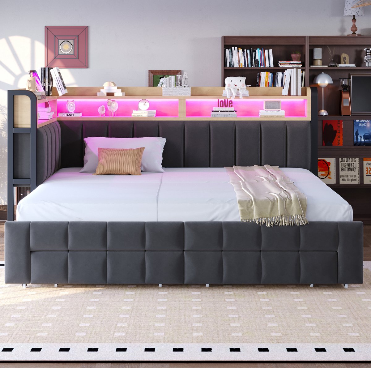 STILVORA Slaapbank 90x200 cm - Uitschuifbaar Tot 180x200 cm Met Led En USB Type C - Opberglades En Vakken - Fluweel - Zonder Matras - Donkergrijs