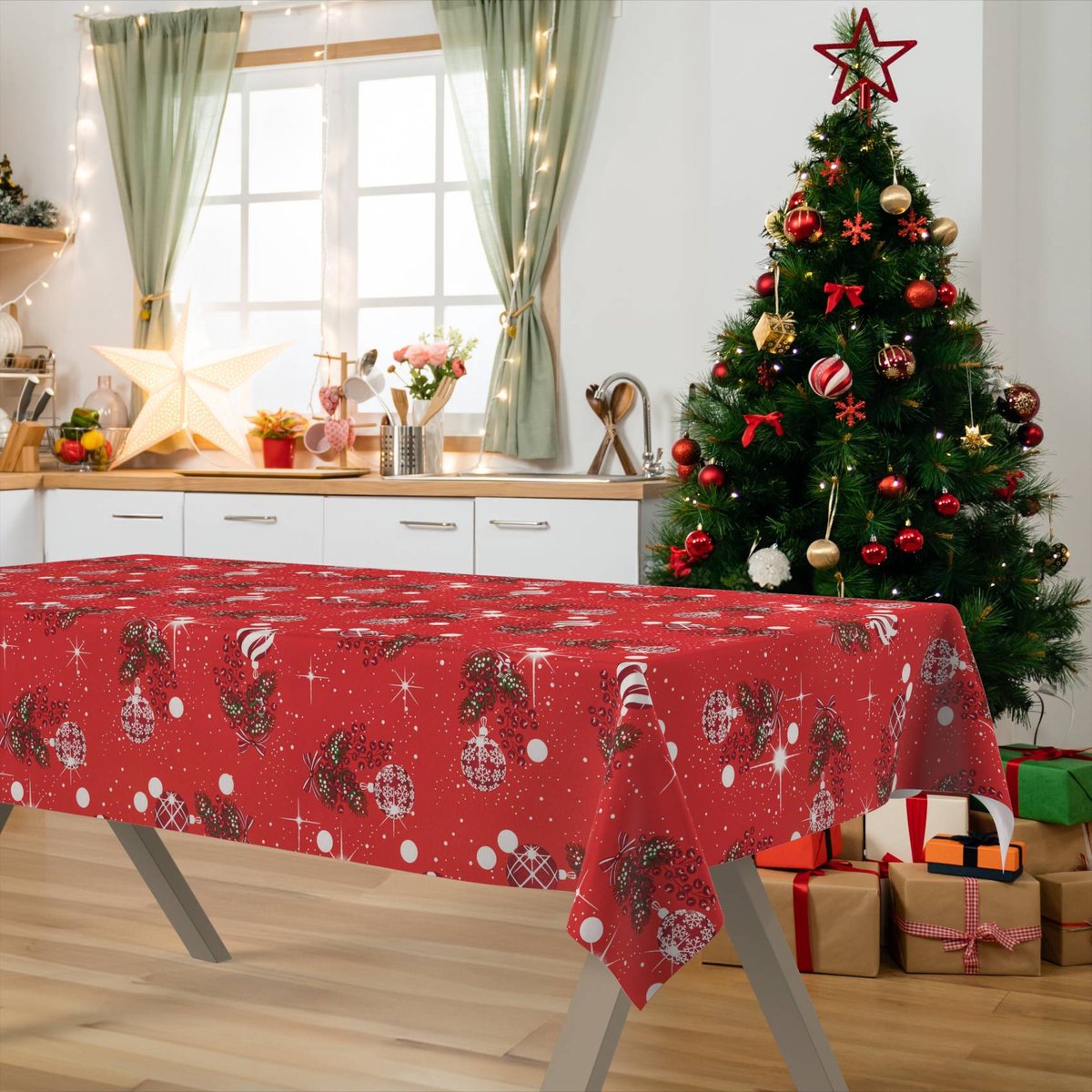 ANRO Tafelkleed Kerst maretak Rood 140x120cm Rechte rand Afwasbaar Waterafstotend Binnen & Buiten