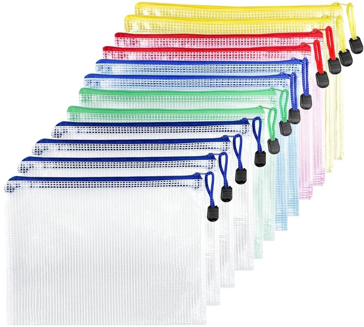LISM-Documententassen met ritssluiting, 12 stuks, A5-formaat, waterdichte documentendozen, plastic netzakken met ritssluiting, vakken met ritssluiting, Geschikt voor documenten, papier, bonnetjes, cosmetica, 5 kleuren.