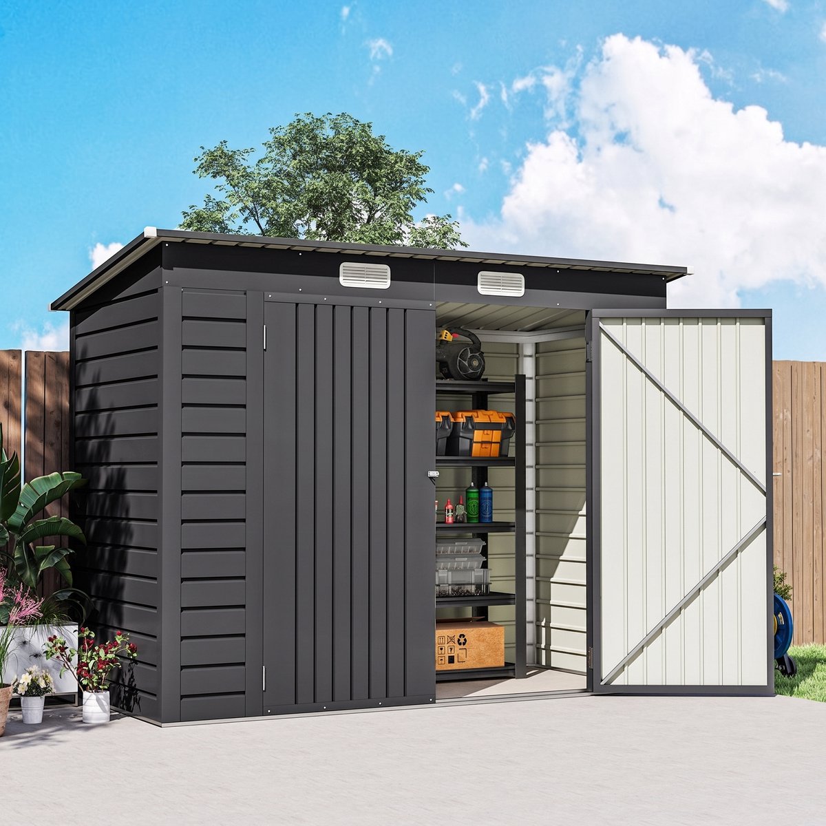 Metalen Tuinhuis 249x121x183 cm – Tuinschuur van Staal met Dubbele Deuren – Weerbestendige Opslag voor Tuingereedschap – Grijs