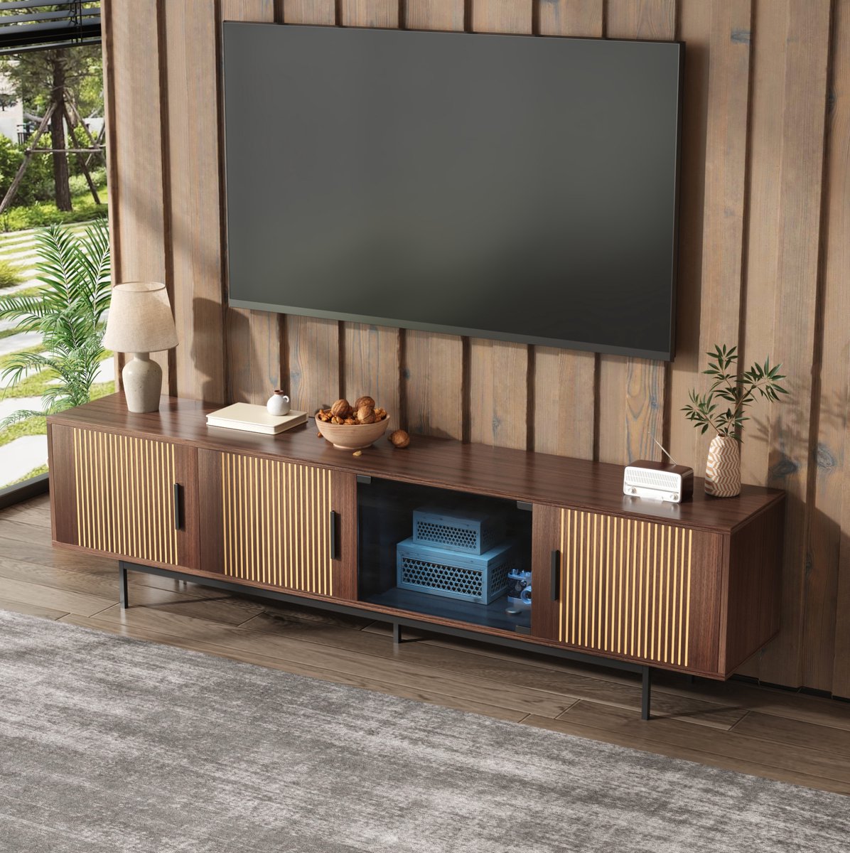 COVREO TV meubel 200 x 35 x 53 cm - LED verlichting, walnut brown en zwart