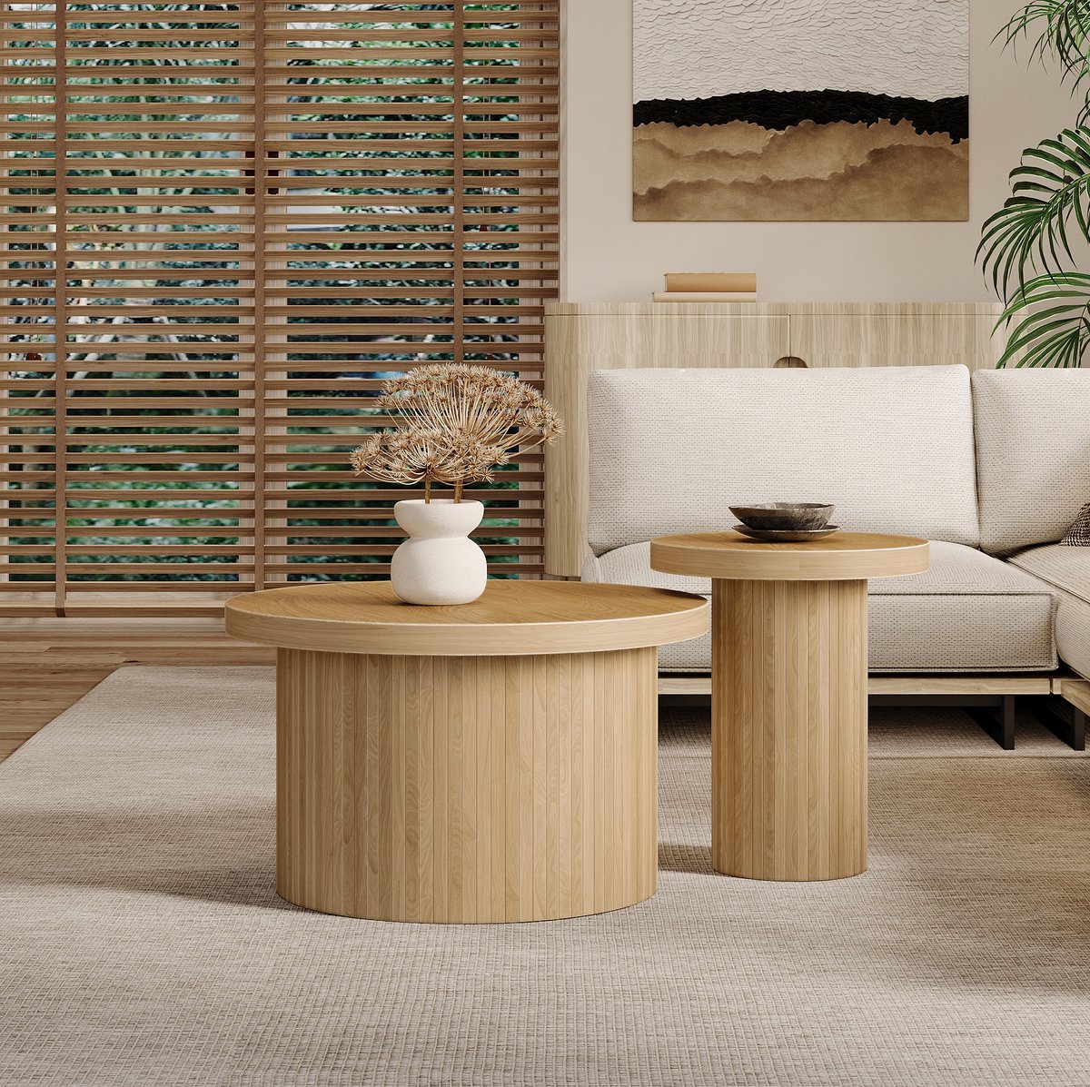 COVREO Salontafel 66 x 66 x 46 cm - 2-delig, rond, MDF, natuurlijke houtkleur