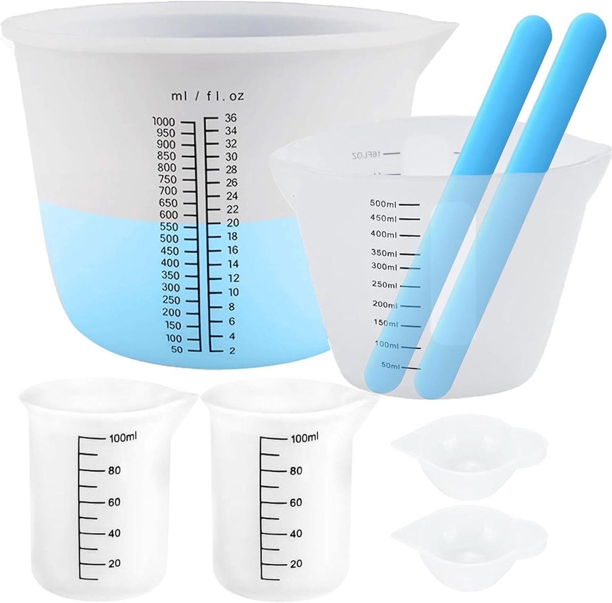 Thijox - 6 Stuks Siliconen Maatbekerset voor Epoxyhars - 1000 ml, 500 ml, 100 ml, 15 ml Maatbekers met 2 Siliconen Roerstaafjes - BPA-vrij, Milieuvrie