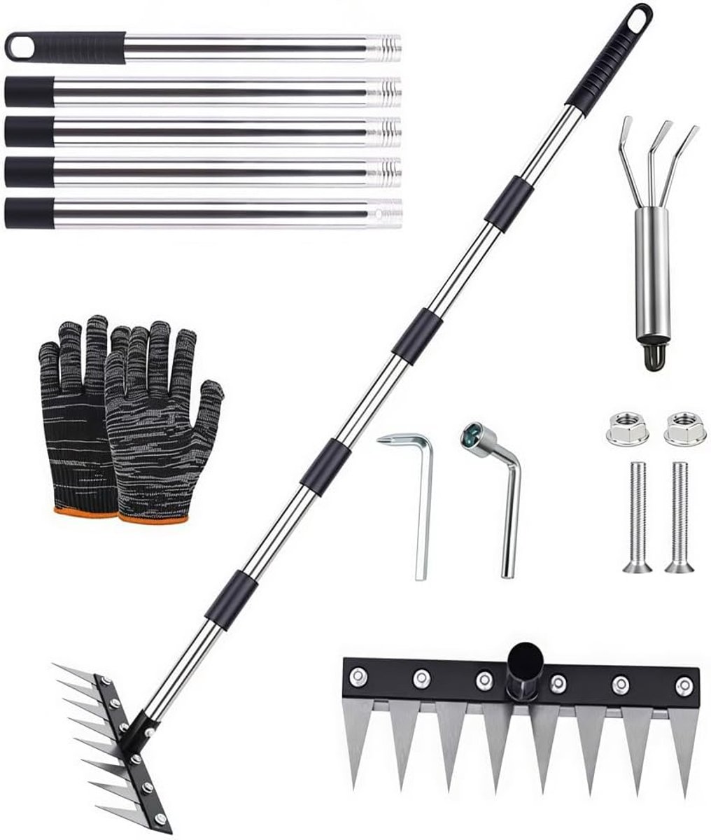 SnelShoppen - Long Handle Weed Topper 185 cm - Multifunctionele Tuinhark - RVS Onkruidhark met 8 Tanden - Tuinwerkzaamheden, Gras Onderhoud, Verstelba