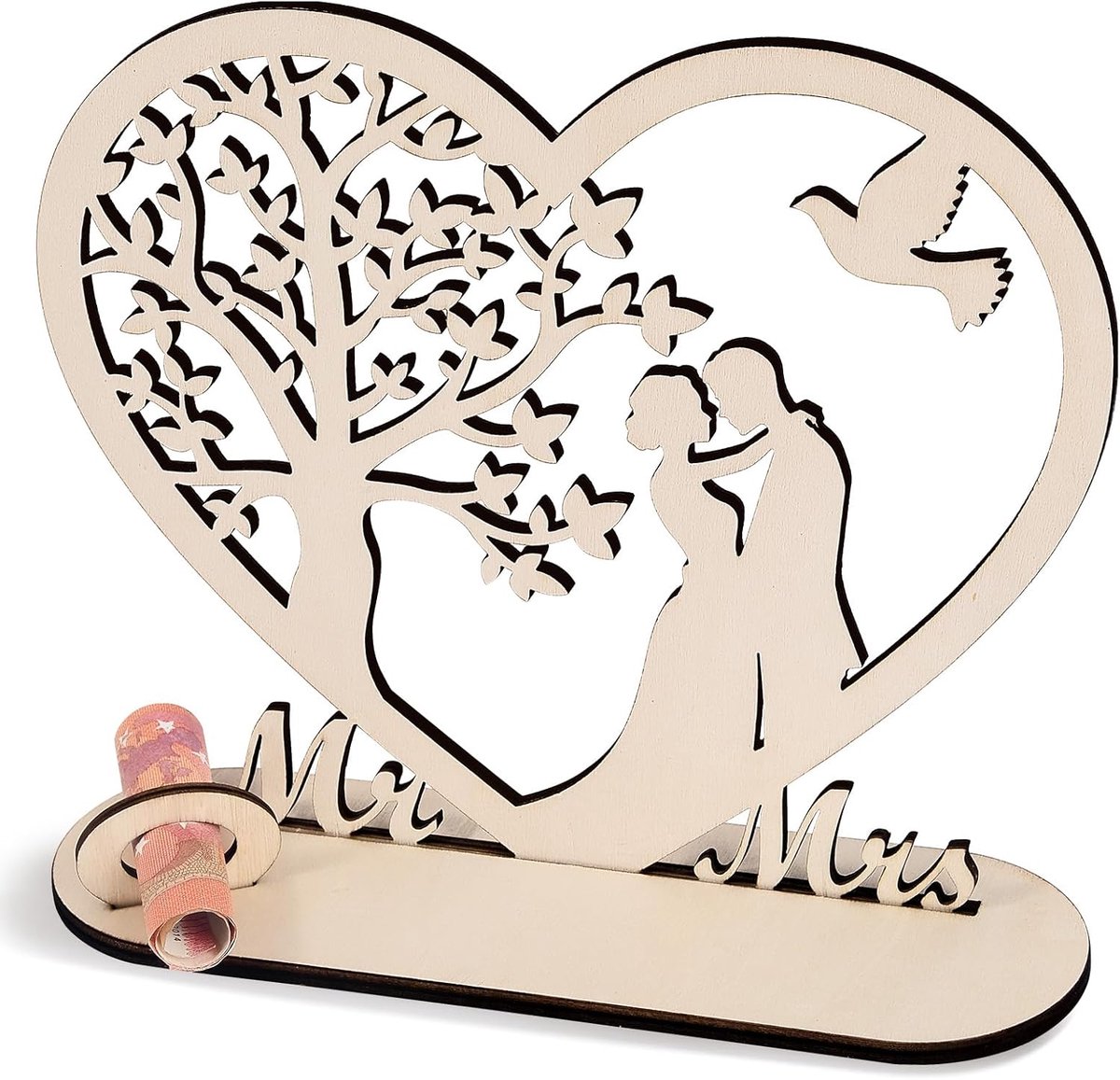 Houten Geldcadeau Huwelijkscadeau voor Bruidspaar, Originele Geldboom Spaarpot, Mr & Mrs Bordje, Gastenboek voor Bruiloft, Uniek Geldgeschenk