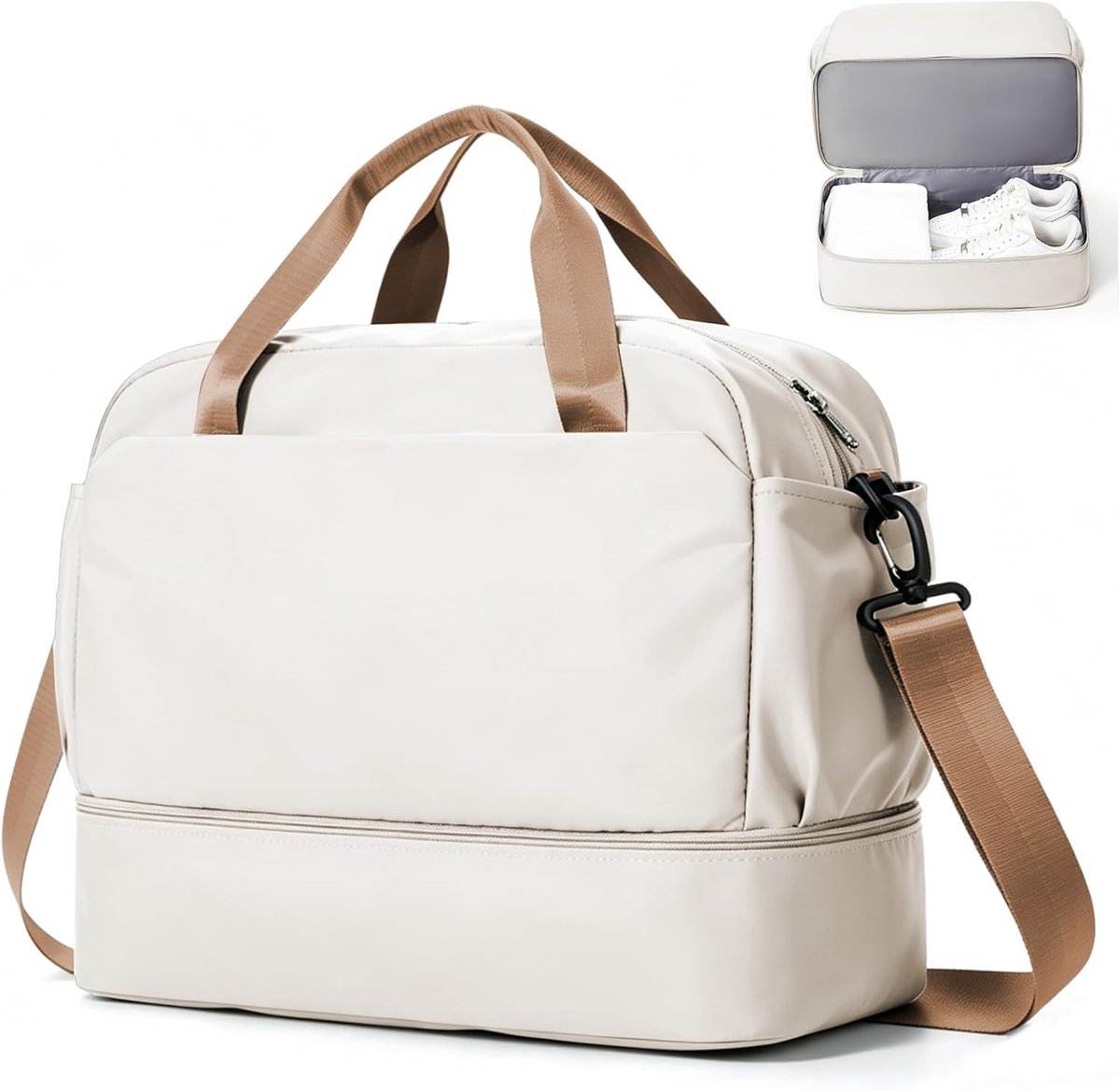 Thijox - Reistas Dames 45x36x20 Easyjet Handbagage Tas Sporttas Weekendtas Zwemtas Waterdicht Luiertas Sporttas Ziekenhuistas met Schoenenvak Beige Br