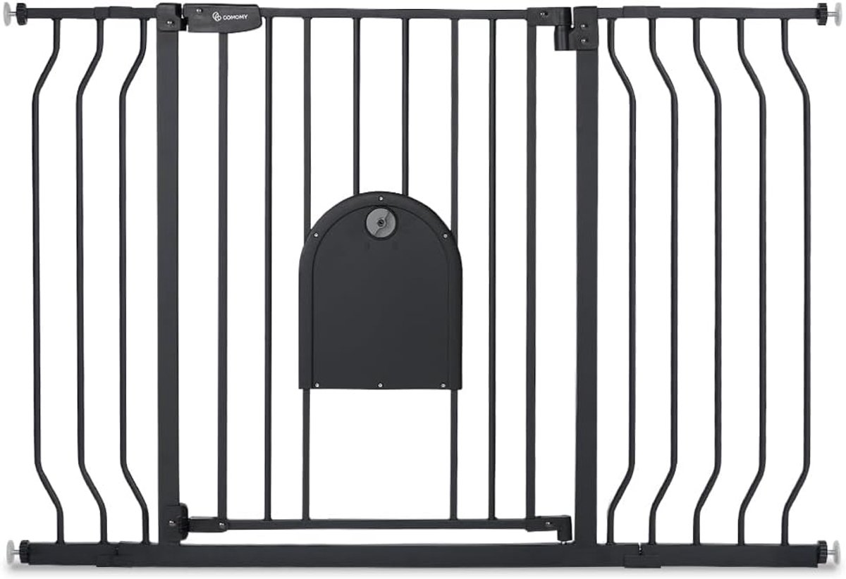 SnelShoppen - Baby- en Hondenhekje zonder Boren, 75-123cm Automatische Sluiting Veiligheidsgate met Kattenluik, Zwart voor Kinderen, Honden en Katten