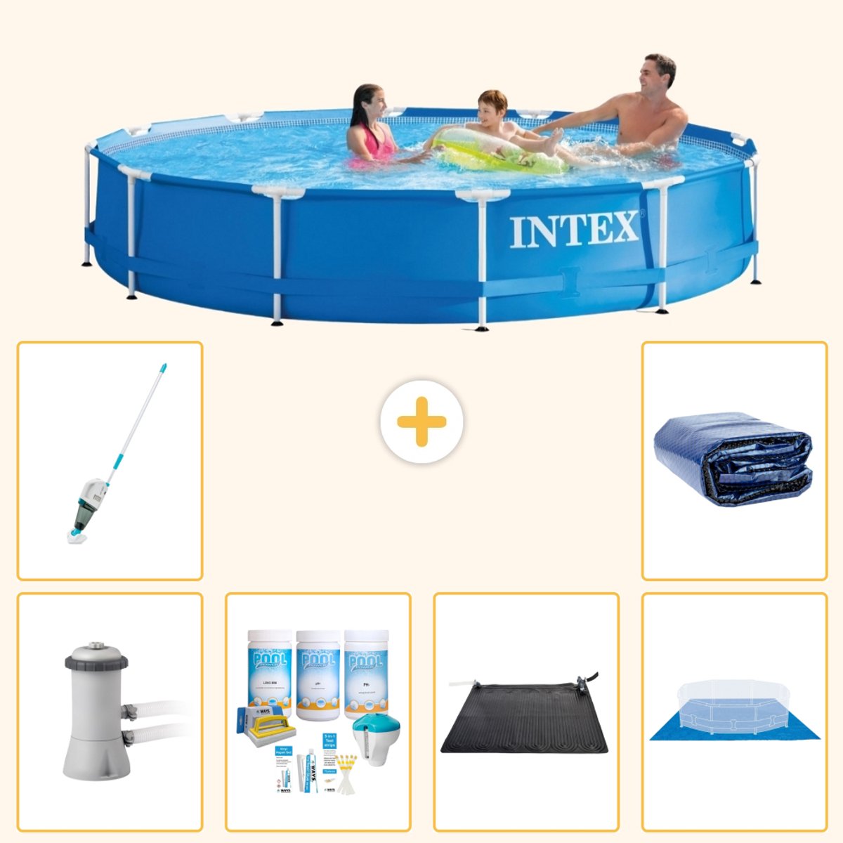 Intex Rond Frame Zwembad - 366 x 76 cm - Blauw - Inclusief Pomp - Onderhoudspakket - Solar Mat - Grondzeil - Stofzuiger - Solarzeil - 7-delig