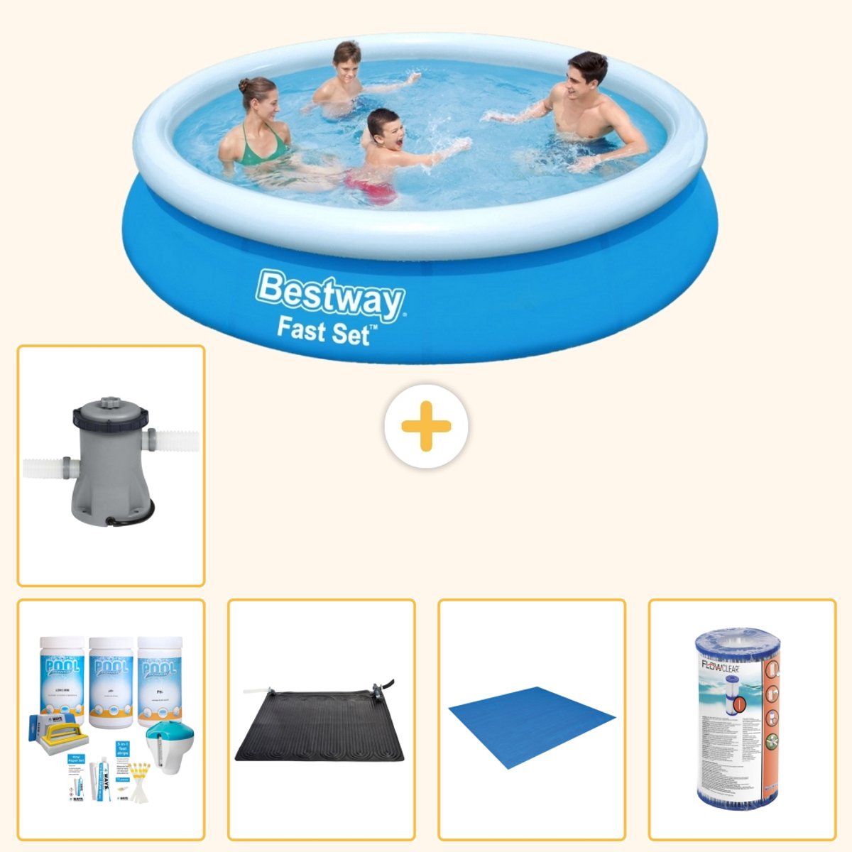 Bestway Rond Opblaasbaar Fast Set Zwembad - 366 x 76 cm - Blauw - Inclusief Onderhoudspakket - Solar Mat - Grondzeil - Filter - Zwembadfilterpomp - 6-delig