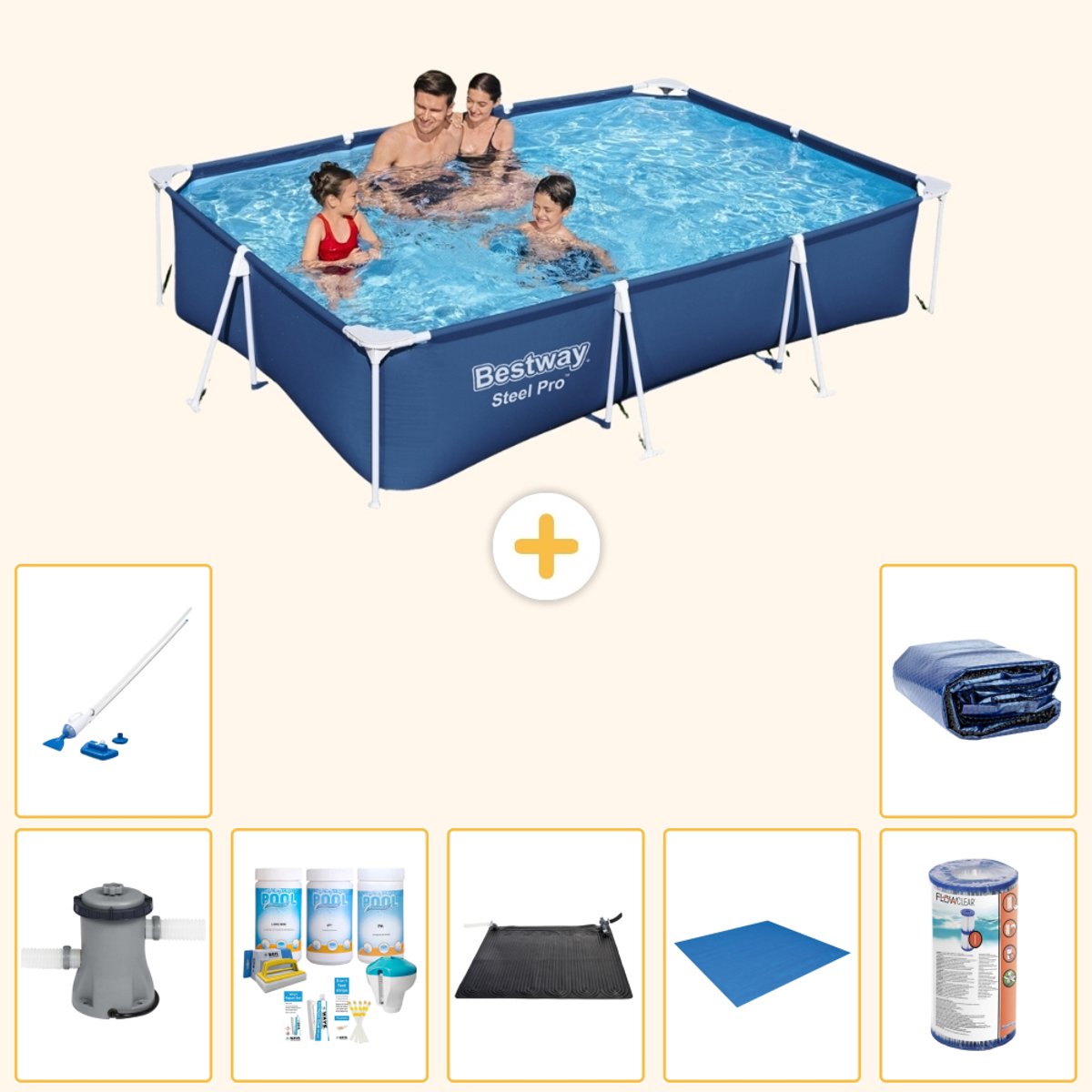 Bestway Rechthoekig Steel Pro Zwembad - 300 x 201 x 66 cm - Blauw - Inclusief Pomp - Onderhoudspakket - Solar Mat - Grondzeil - Filter - Stofzuiger - Solarzeil - 8-delig