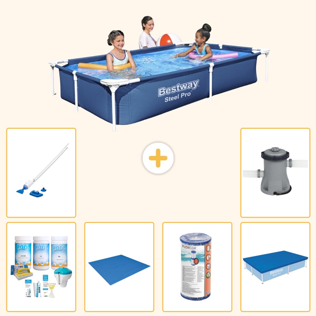 Bestway Rechthoekig Steel Pro Zwembad - 221 x 150 x 43 cm - Blauw - Inclusief Onderhoudspakket - Grondzeil - Filter - Afdekzeil - Stofzuiger - Zwembadfilterpomp - 7-delig