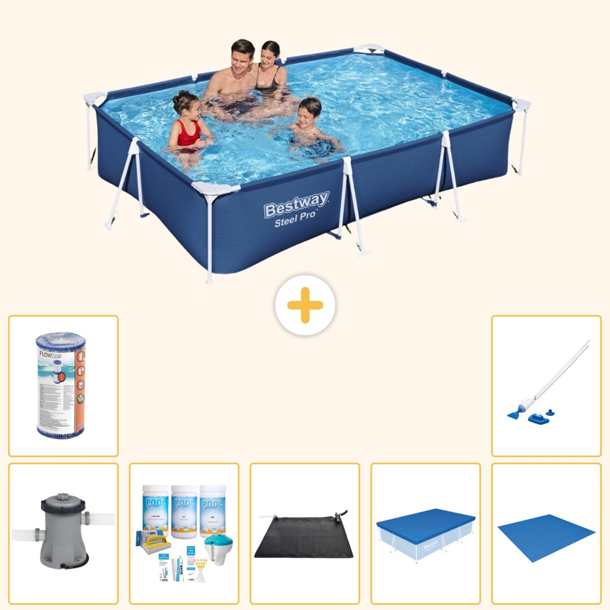 Bestway Rechthoekig Steel Pro Zwembad - 300 x 201 x 66 cm - Blauw - Inclusief Pomp - Onderhoudspakket - Solar Mat - Afdekzeil - Grondzeil - Filter - Stofzuiger - 8-delig