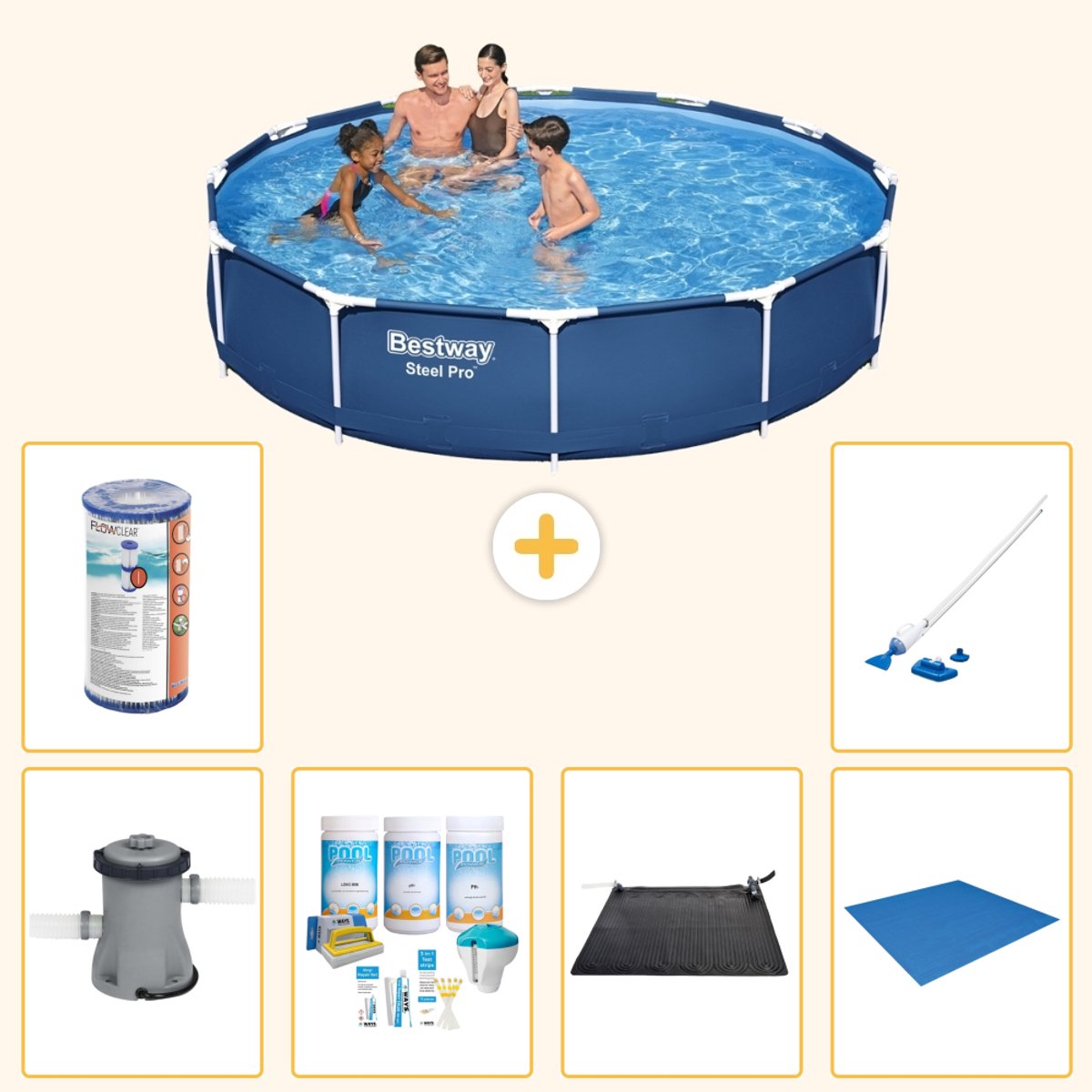 Bestway Rond Steel Pro Zwembad - 366 x 76 cm - Blauw - Inclusief Pomp - Onderhoudspakket - Solar Mat - Grondzeil - Filter - Stofzuiger - 7-delig
