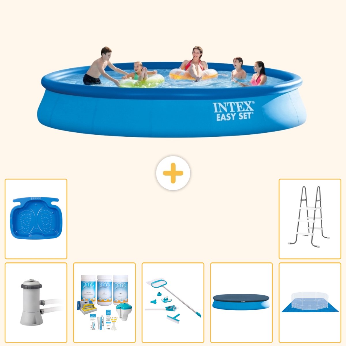 Intex Rond Opblaasbaar Easy Set Zwembad - 457 x 84 cm - Blauw - Inclusief Pomp - Onderhoudspakket - Schoonmaakset - Afdekzeil - Grondzeil - Voetenbad - Ladder - 8-delig