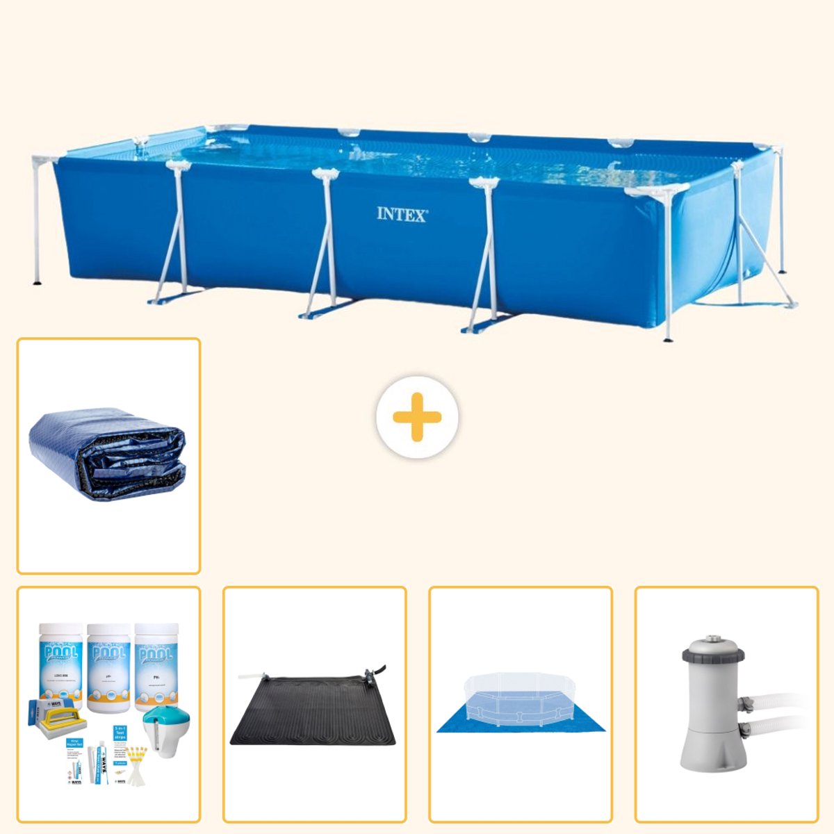 Intex Rechthoekig Frame Zwembad - 450 x 220 x 84 cm - Blauw - Inclusief Onderhoudspakket - Solar Mat - Grondzeil - Zwembadfilterpomp - Solarzeil - 6-delig