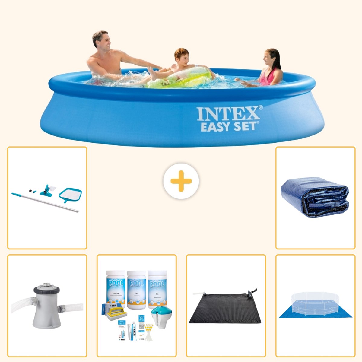 Intex Rond Opblaasbaar Easy Set Zwembad - 305 x 61 cm - Blauw - Inclusief Pomp - Onderhoudspakket - Solar Mat - Grondzeil - Schoonmaakset - Solarzeil - 7-delig