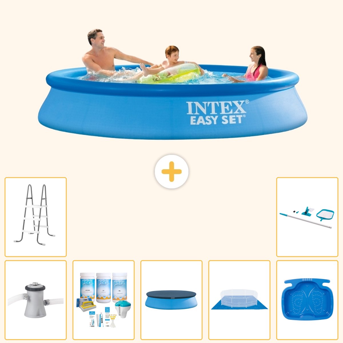 Intex Rond Opblaasbaar Easy Set Zwembad - 305 x 61 cm - Blauw - Inclusief Pomp - Onderhoudspakket - Afdekzeil - Grondzeil - Voetenbad - Ladder - Schoonmaakset - 8-delig