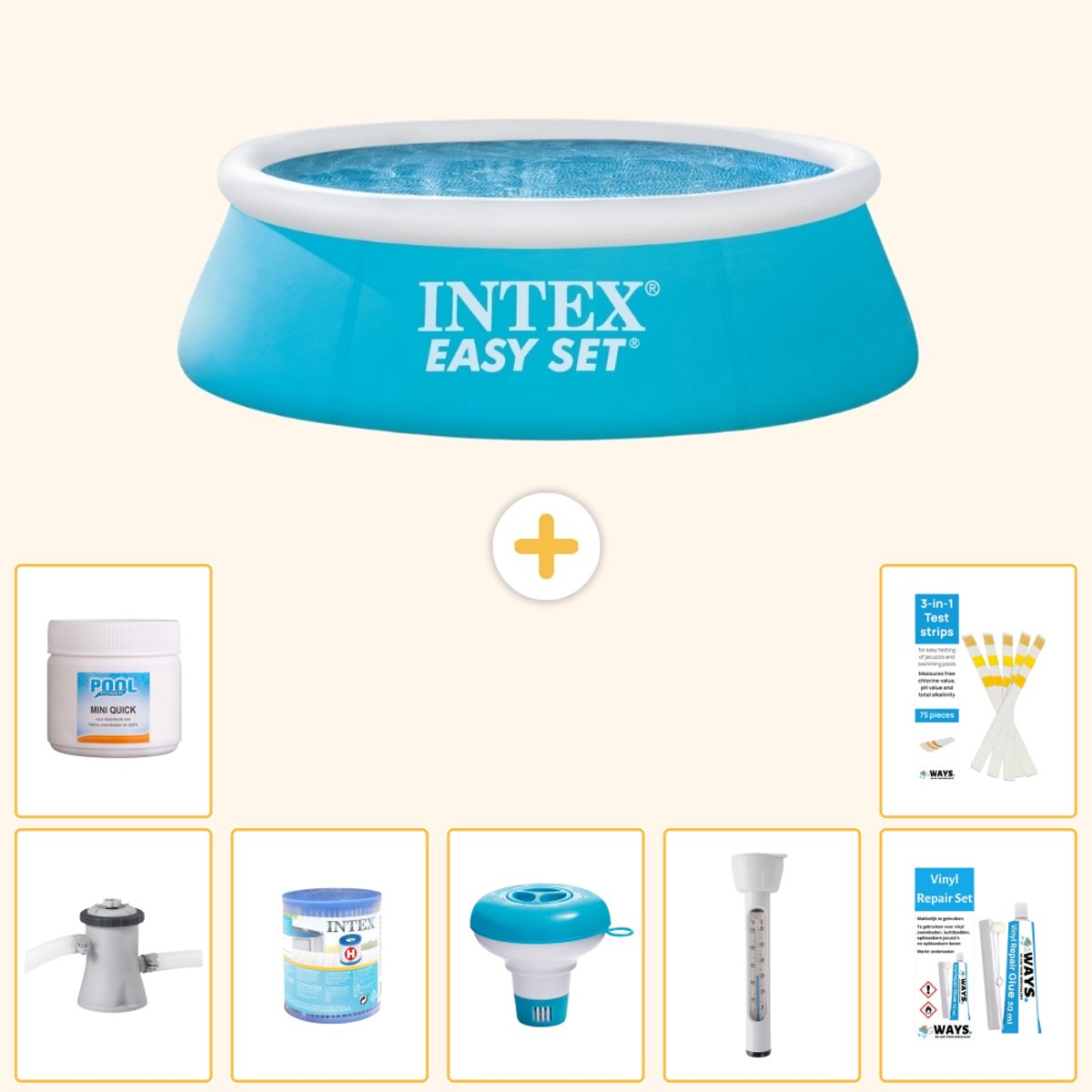 Intex Rond Opblaasbaar Easy Set Zwembad – 183 x 51 cm – Blauw – Inclusief Zwembadfilterpomp – Filter – Chloordrijver – Thermometer – Chloor – Reparatiesetje – Testrips – 8-delig