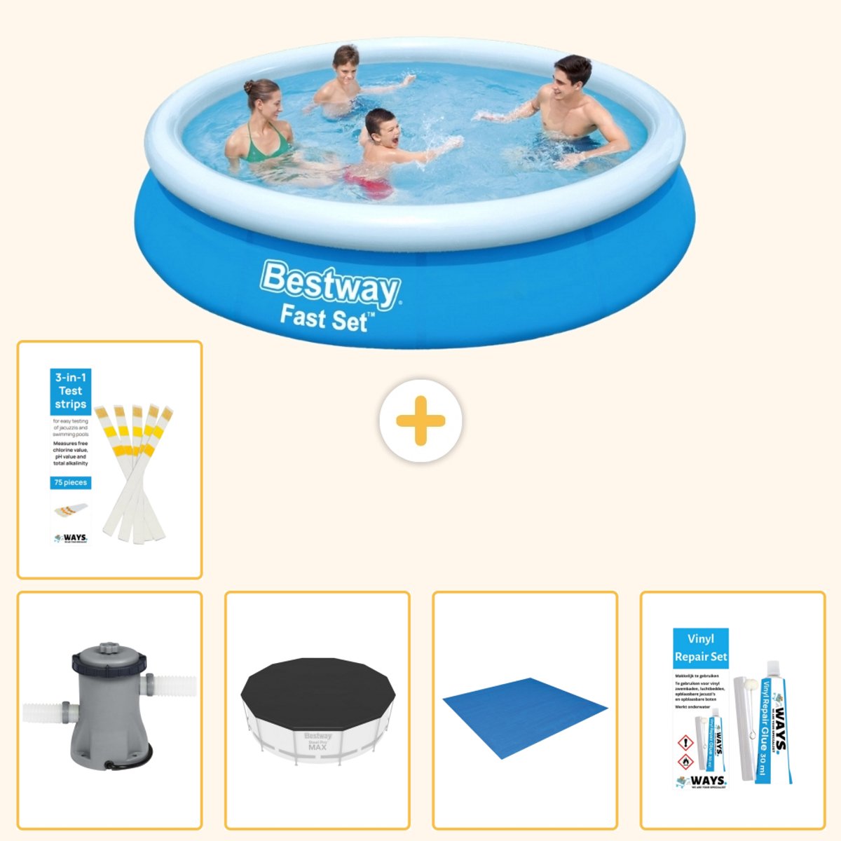 Bestway Rond Opblaasbaar Fast Set Zwembad - 366 x 76 cm - Blauw - Inclusief Pomp - Afdekzeil - Grondzeil - Reparatiesetje - Testrips - 6-delig
