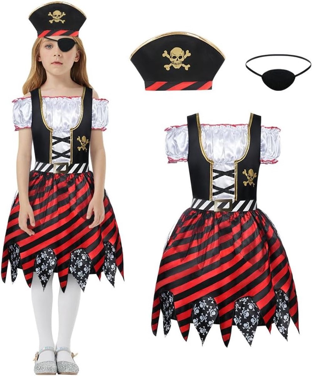 Piratenkostuum voor Meisjes, 3-delige Verkleedset met Piratenhoed en Ooglap, Perfect voor Verjaardagsfeesten en Rollenspellen
