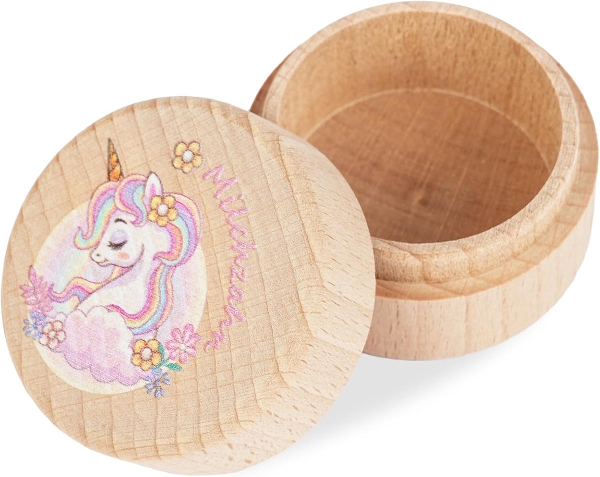 Houten Tandendoosje - Melktanden Bewaren - Groeimomenten Vasten - Natuurlijk Hout - 12 x 11.6 cm - Eenhoorn